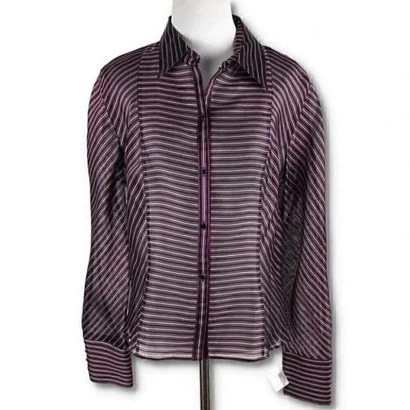 New Kay Unger top 12 purple white 75% silk stripes button down vintage 90s
